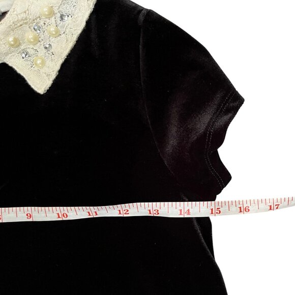 Knit Works Girls 12 Black Velvet Dress Pearl Lace Collar Holiday Party Outfit - Picture 4 of 13